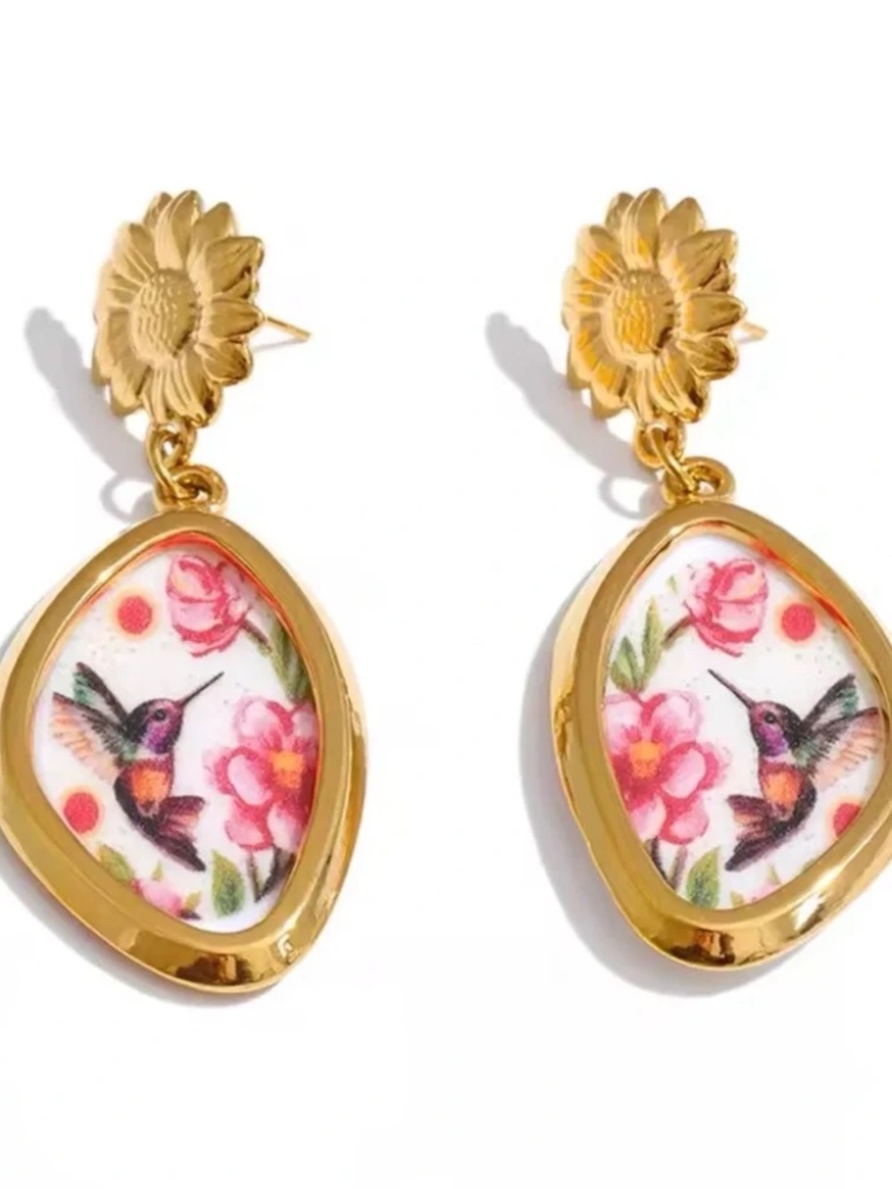 Sara Sotti 11g Gold Floral Hummingbird Drop Earrings NIB